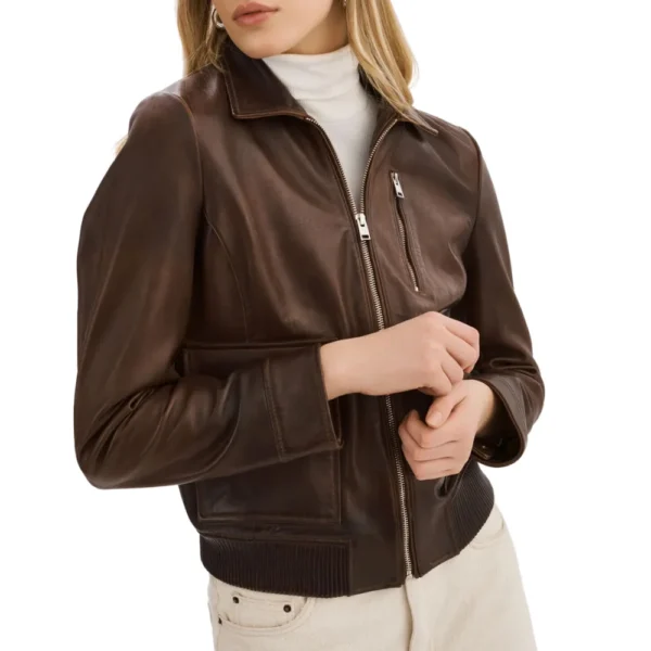 Womens Brown Leather Aviator Jacket Shearling Collar - Image 2