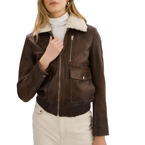 Womens Brown Leather Aviator Jacket Shearling Collar