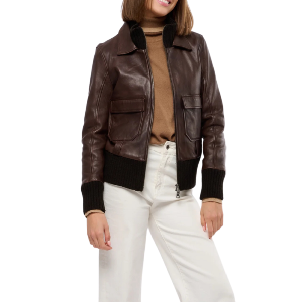 Womens Real Aviator Brown Leather Bomber Jacket - Image 4