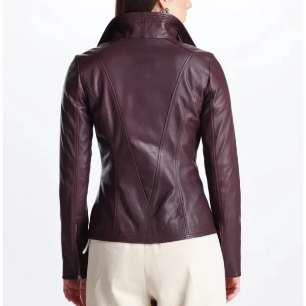 Womens Eggplant Maroon Wide Collar Leather Biker Jacket - Image 6