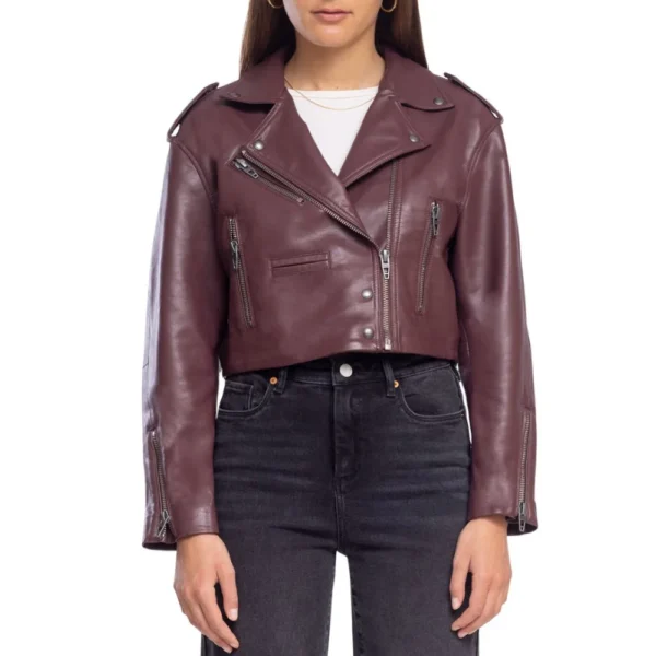 Lorraine Maroon Leather Cropped Jacket
