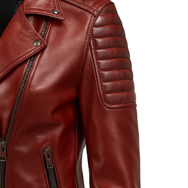 Womens Quilted Merlot Red Leather Biker Jacket - Image 3