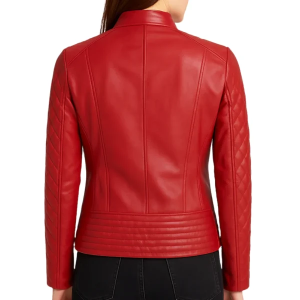 Womens Red Leather Quilted Biker Jacket - Image 6