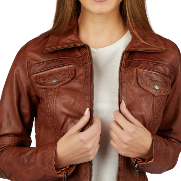 Women’s Brown Color Leather Trucker Jacket - Image 2