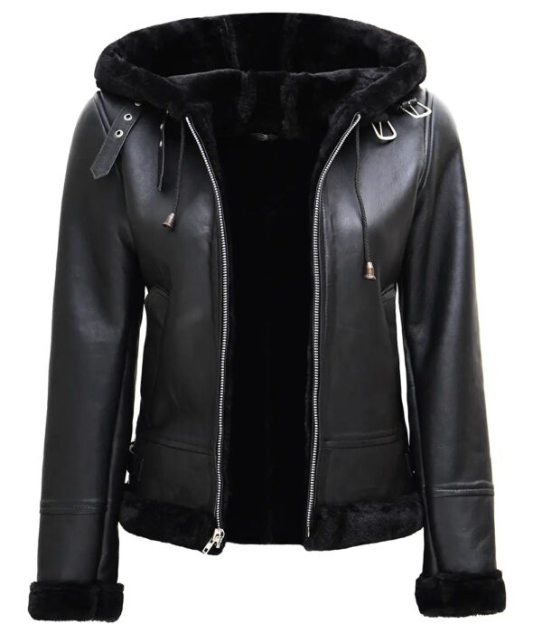 Grace Black Real Leather Hooded Shearling Jacket Women - Image 3