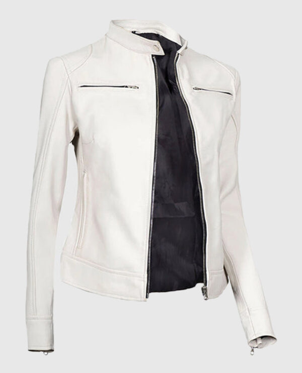 Women's White Leather Cafe Racer Jacket - Image 4