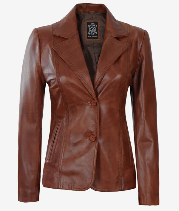Womens Two Button Cognac Leather Blazer - Image 3
