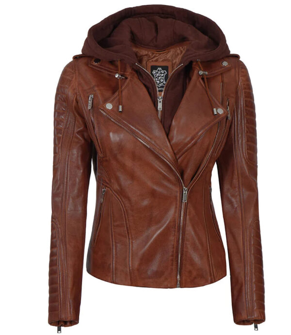 Bagheria Women Cognac Biker Leather Jacket With Removable Hood - Image 6