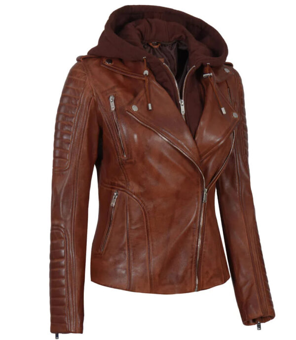 Bagheria Women Cognac Biker Leather Jacket With Removable Hood - Image 7