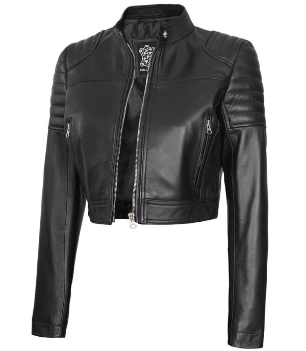 Women's Black Cropped Leather Moto Jacket - Image 3