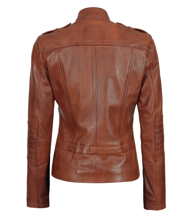 Monica Womens Cognac Asymmetrical Cafe Racer Leather Jacket - Image 2