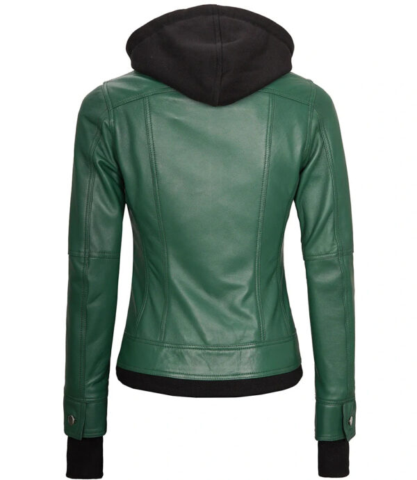 Womens Biker Green Leather Jacket with Hood - Image 2