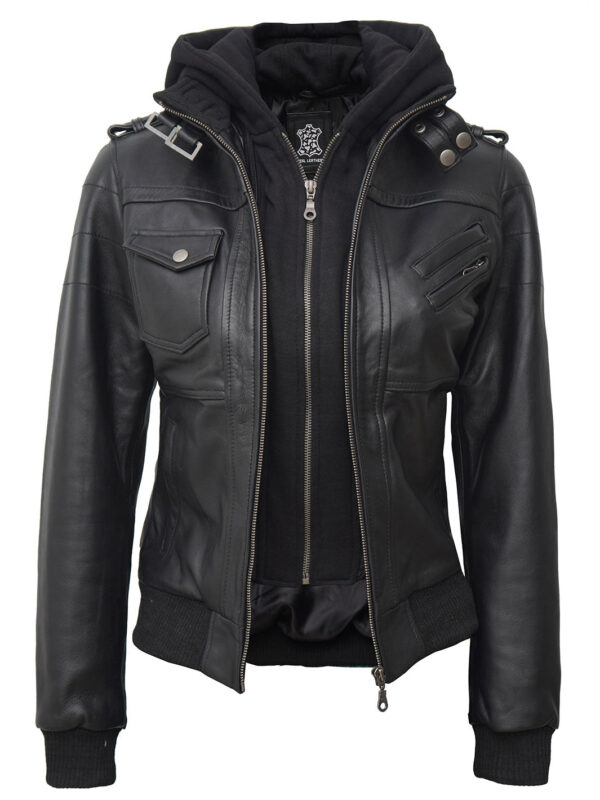 Edinburgh Petite Womens Black Hooded Leather Jacket - Image 3