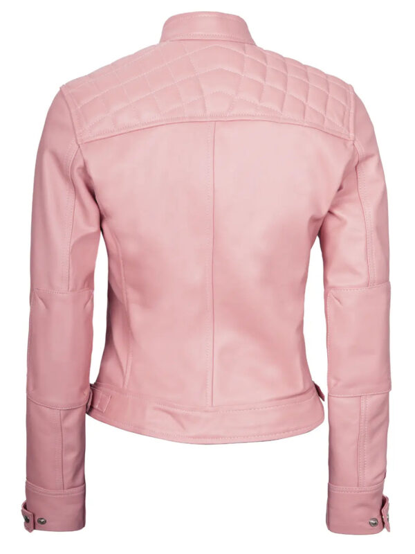Johnson Women Pink Quilted Cafe Racer Leather Jacket - Image 2