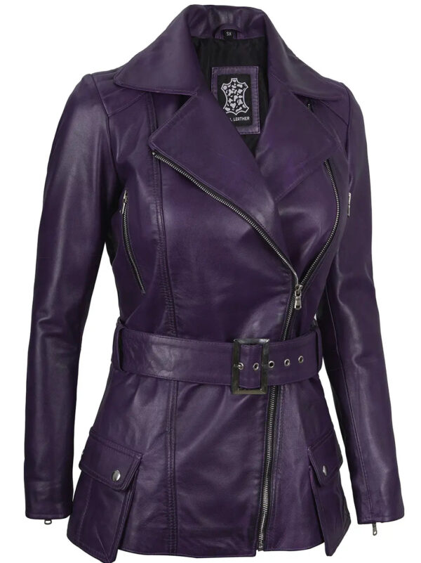 Women Purple Leather Biker Jacket Women - Image 4