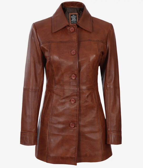 Womens Cognac Brown Leather 3/4 Length Coat - Image 4