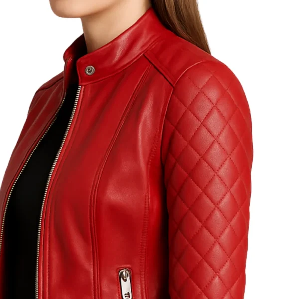 Womens Red Leather Quilted Biker Jacket - Image 3