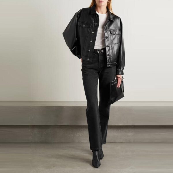 Black Smooth Simple Button Closure Leather Blend Shirt For Women - Image 3