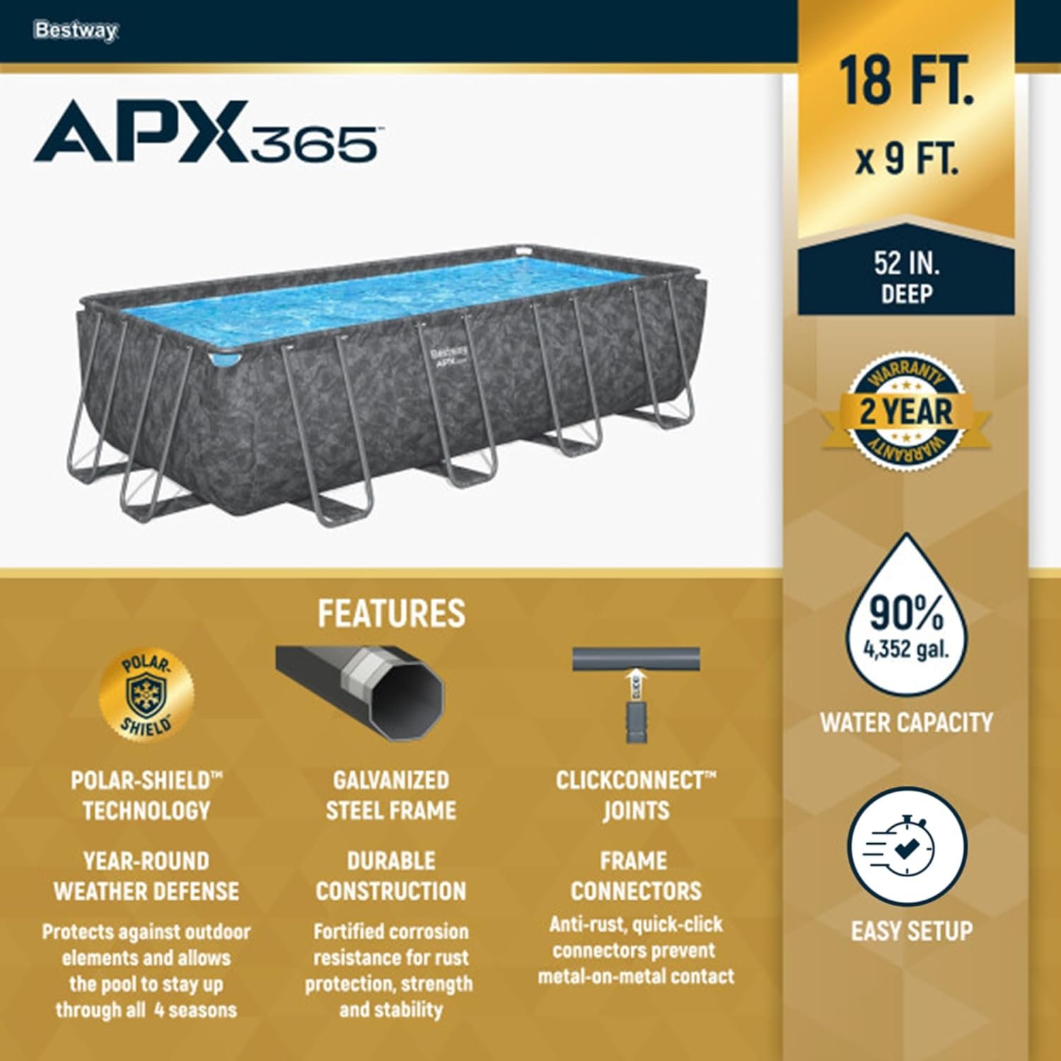 Bestway APX 365 18′ x 9′ x 52″ Rectangular Above Ground Swimming Pool - Image 6