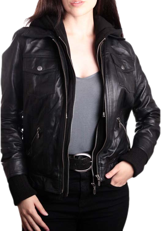 AureliaWomenBlackBomberLeatherJacketwithHoodfront