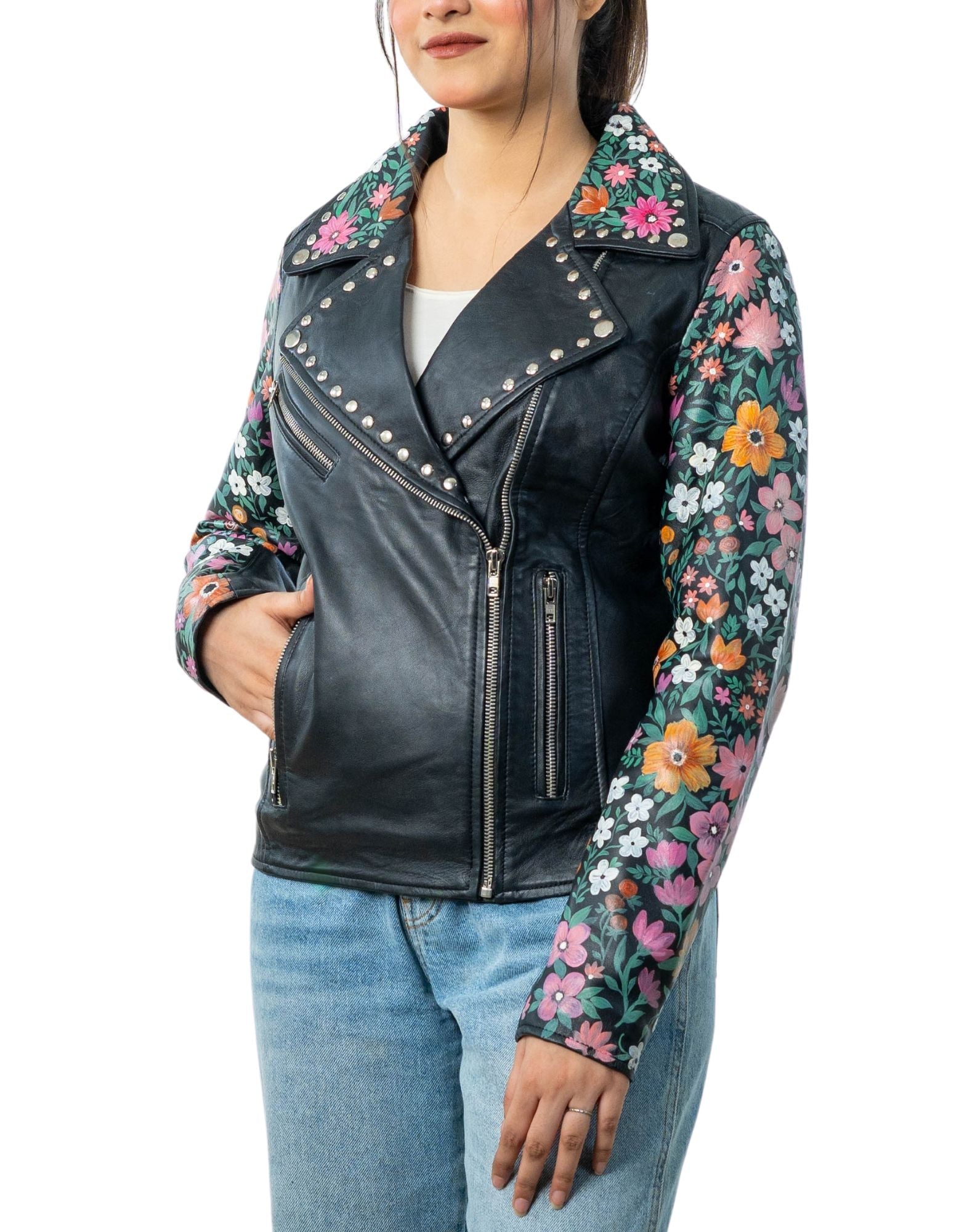 BlossomHand-PaintedBlackLeatherBikerJacketLeftside