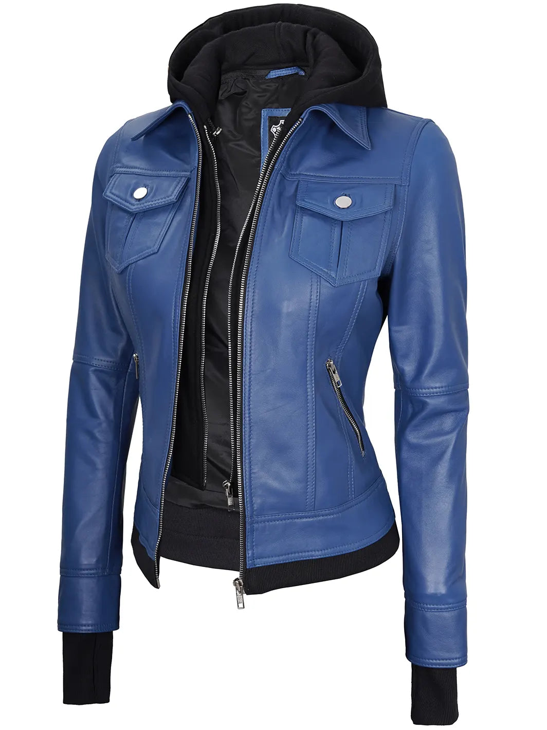 Bluehoodedleatherjacket