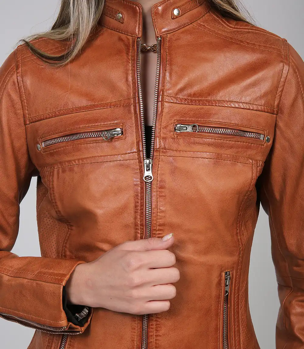 Austin Tan Motorcycle Leather Jacket for Women - Image 3