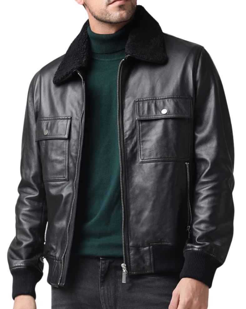 Essence-Black-Leather-Bomber-Jacket