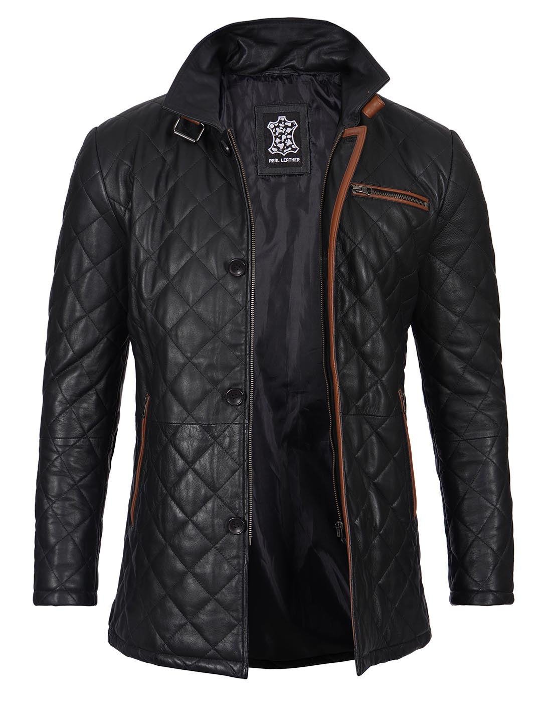 GlenBlackQuiltedMenLeatherCarCoat