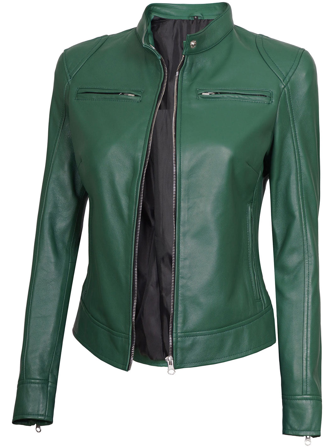 GreenBikerLeatherJacketforwomen