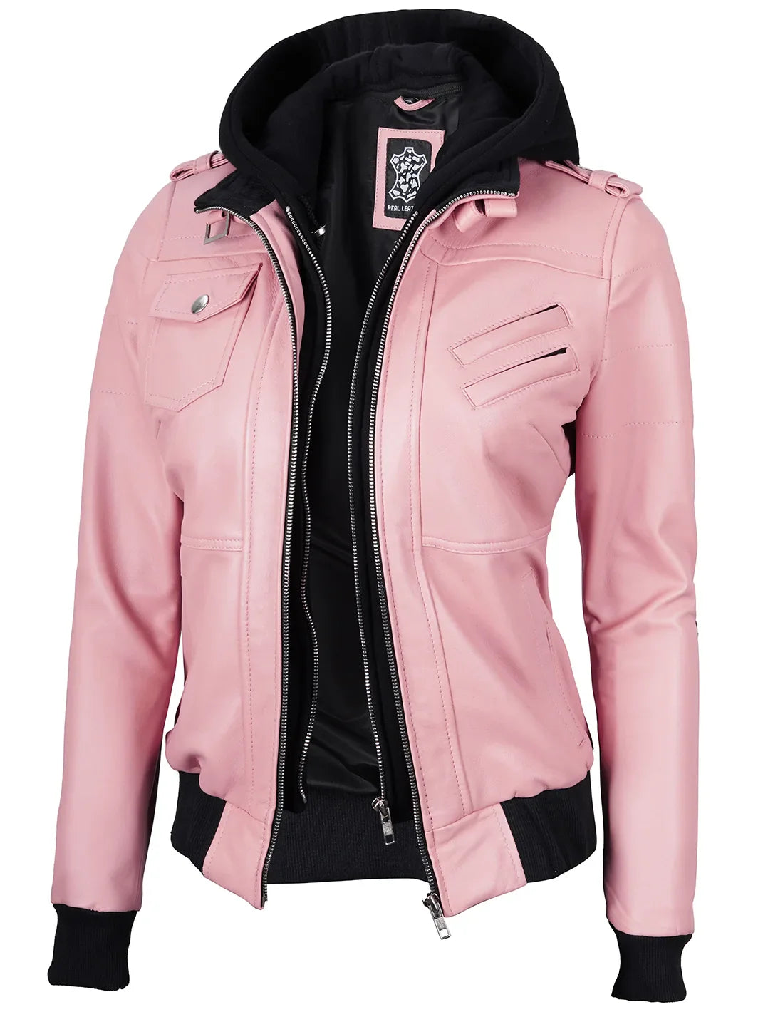 Hoodedpinkleatherjacketwomen
