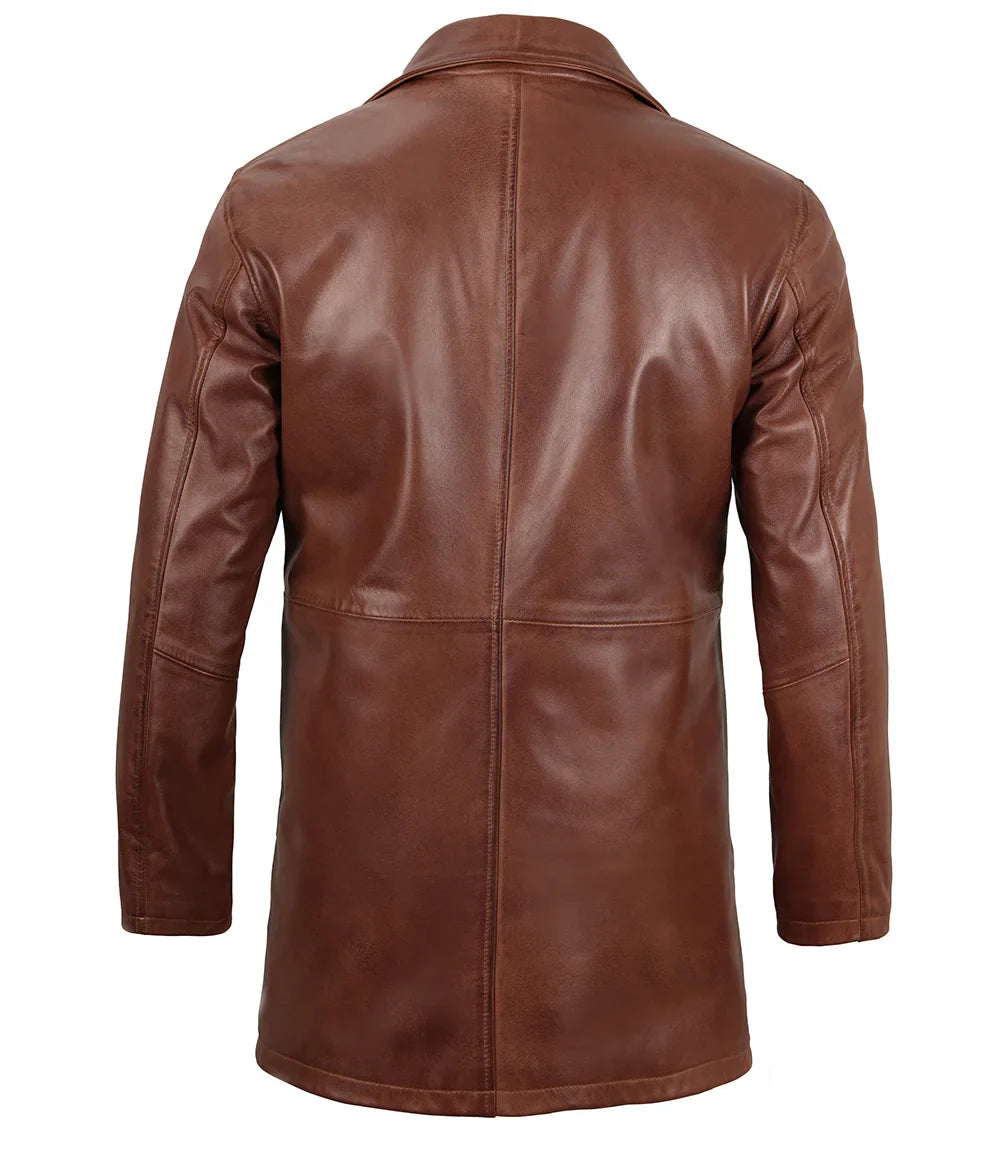 Mens Tan Brown 3/4 Length Leather Car Coat - Image 2