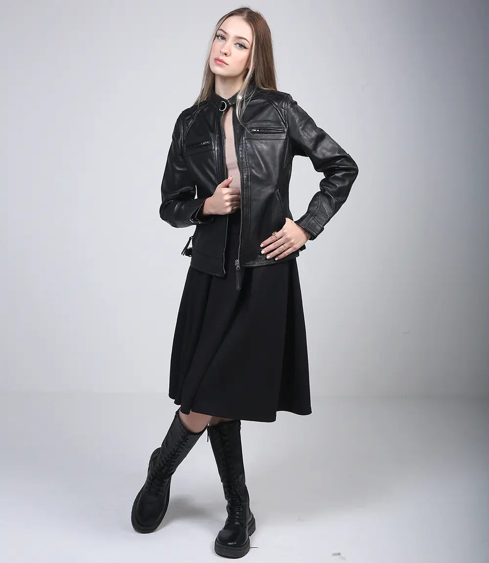 Johnson Women Black Cafe Racer Leather Jacket - Image 6