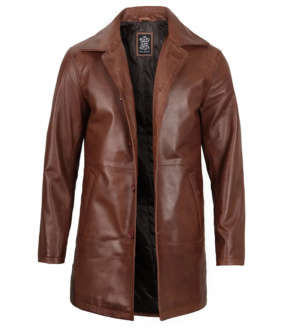 Mens Tan Brown 3/4 Length Leather Car Coat - Image 5