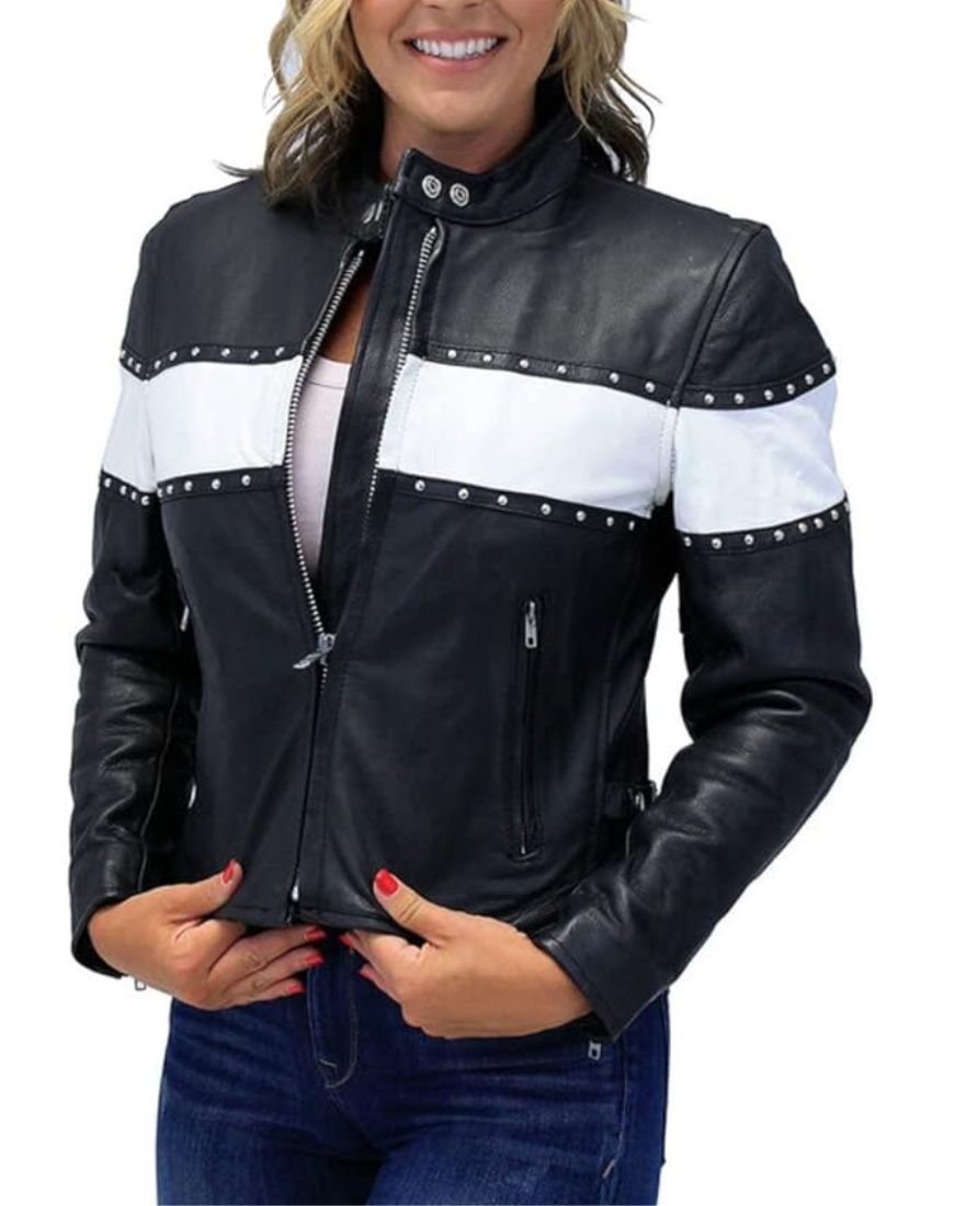 Women_sCarolinaStuddedBlackBikerLeatherJacketfront