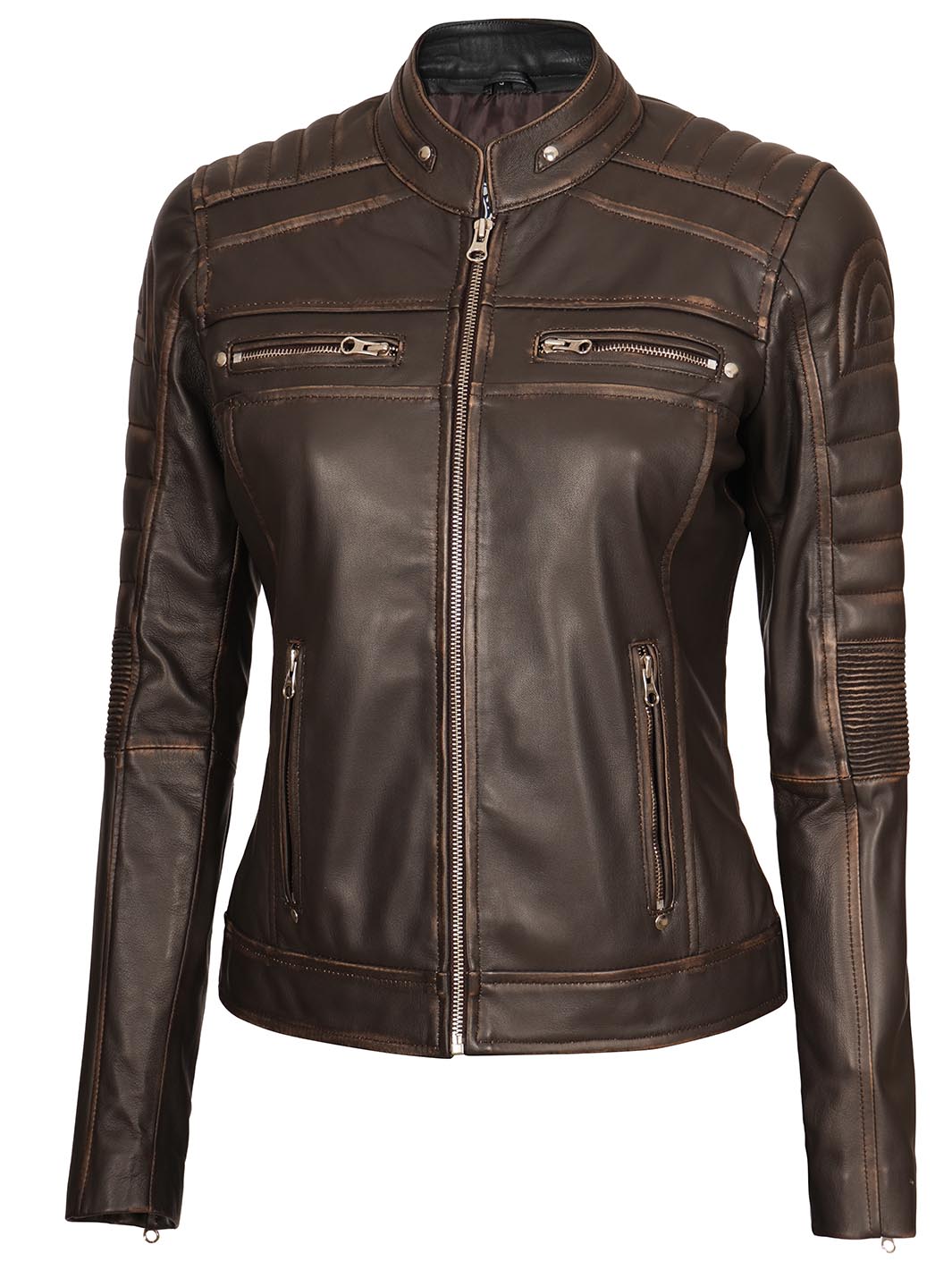 WomensBrownRealLambskinBikerLeatherJacket