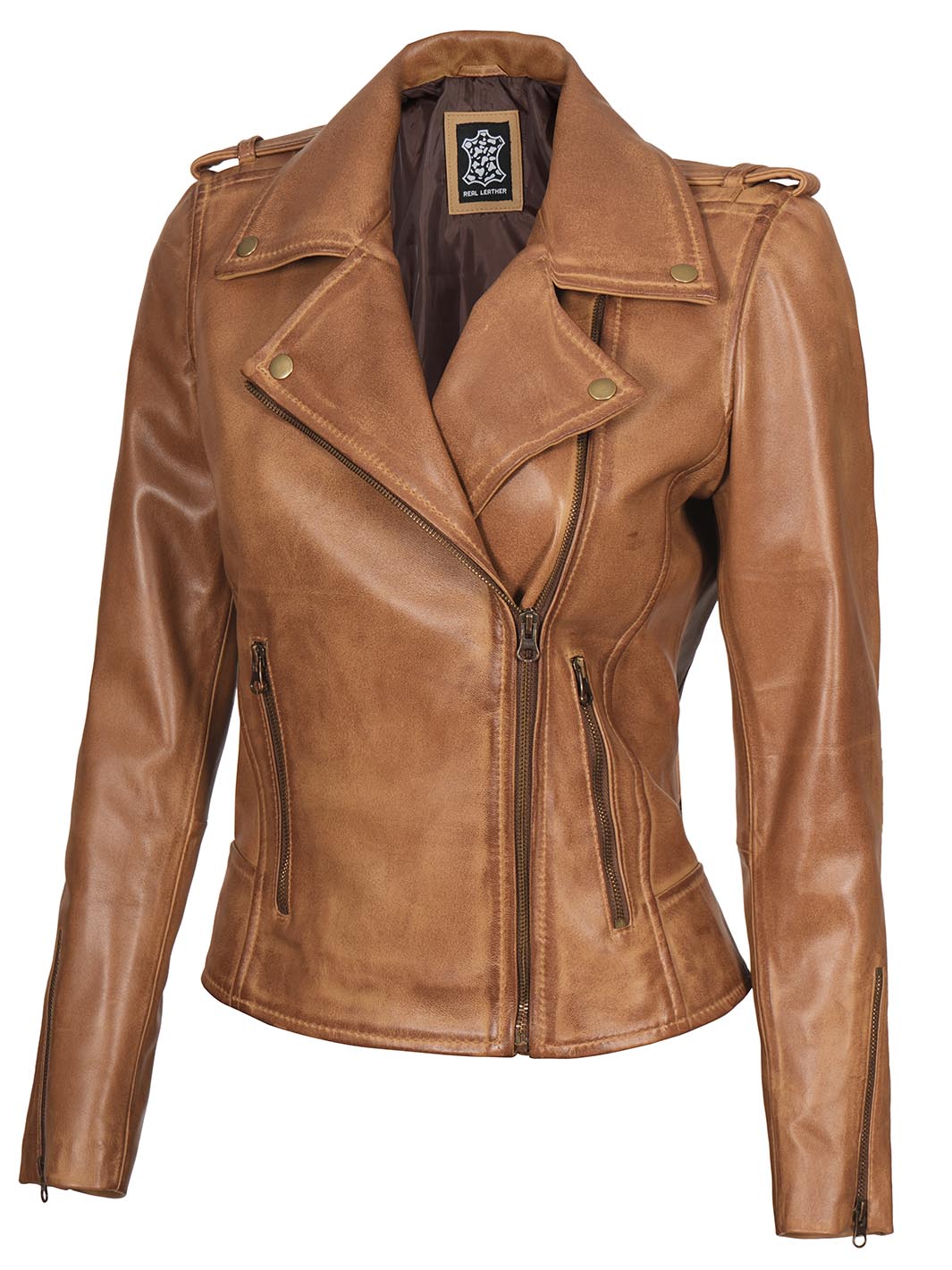 WomensCamelBikerRealLambskinLeatherJacket