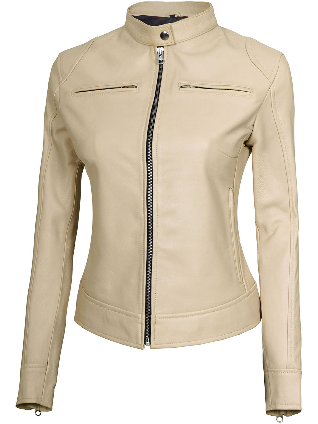 BeigeBikerCafeRacerRealLambskinLeatherJacketWomen