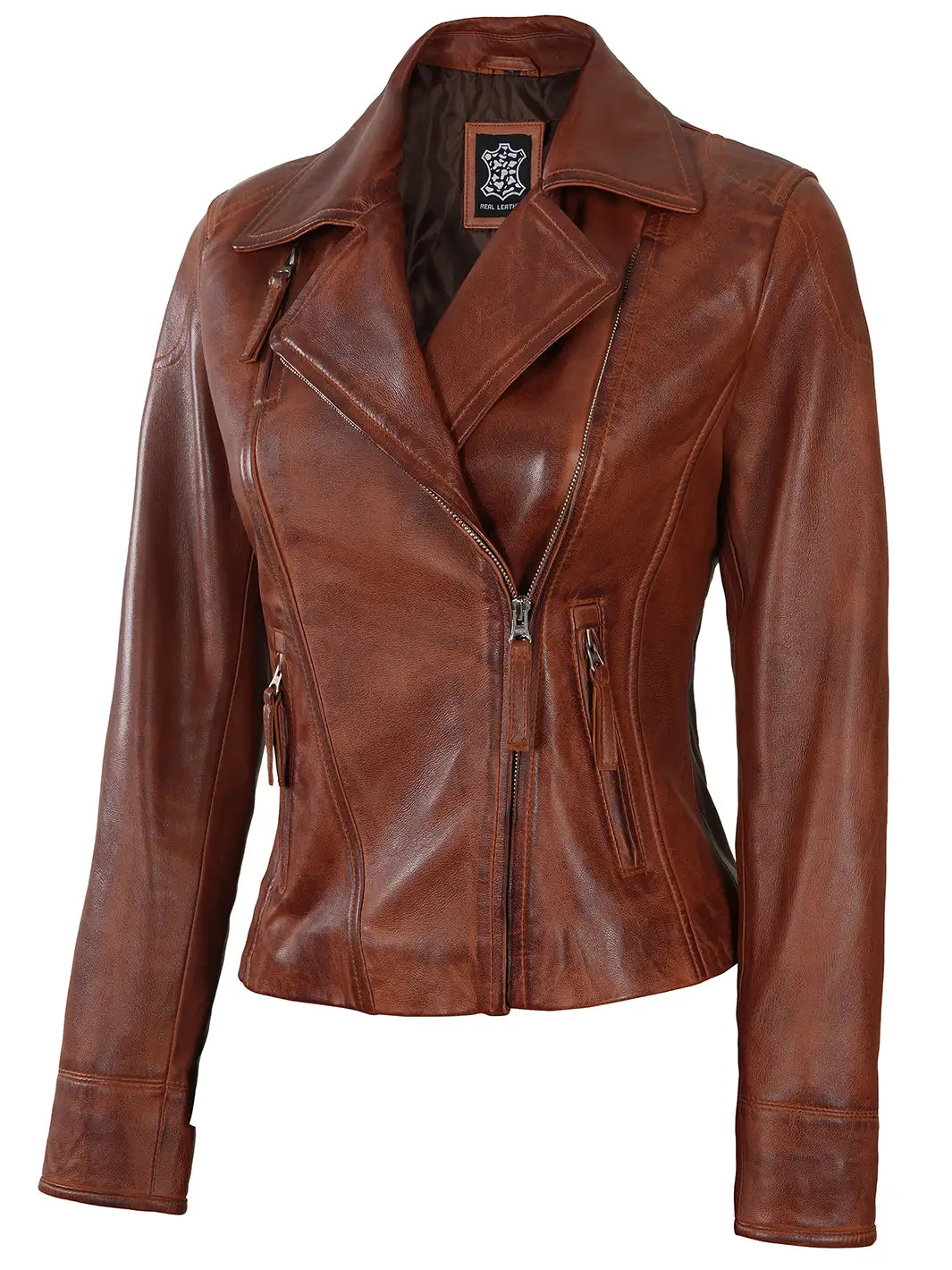 Cognacwomenbikerleatherjacket