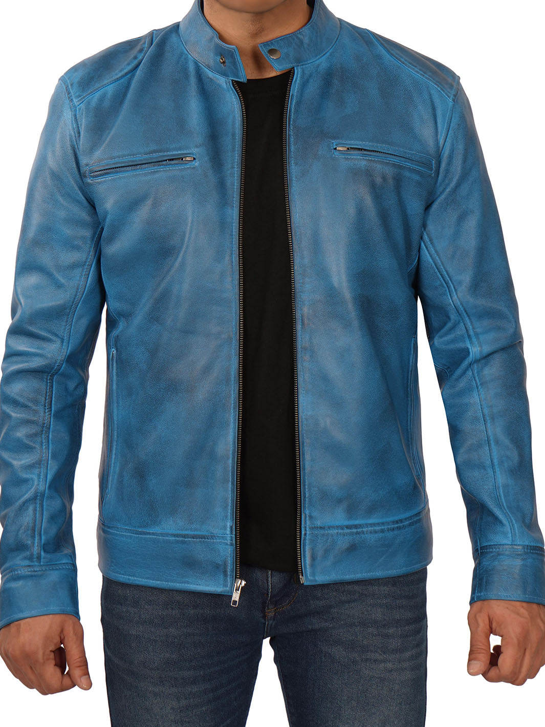 MensBlueRealLambskinBikerLeatherJacket