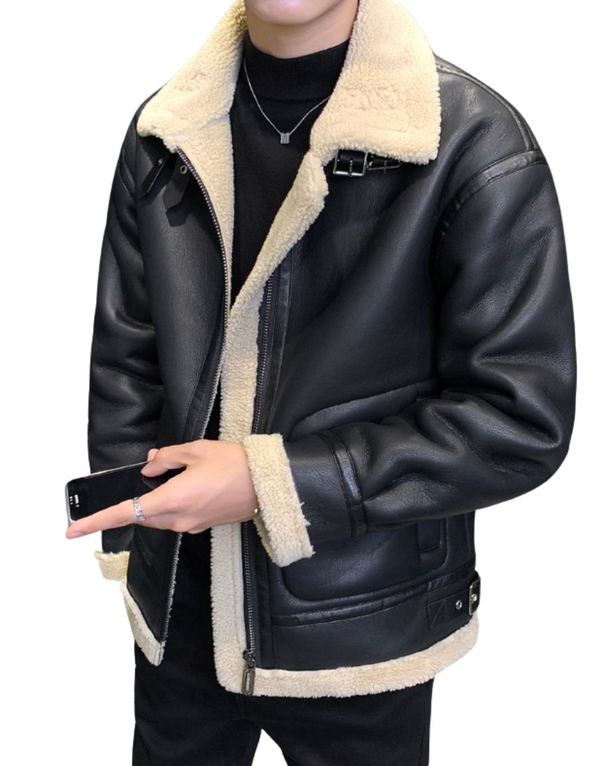 MensBorealBlackShearlingLeatherJacketFront1