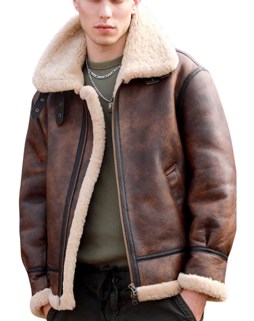 MensHighlandDistressedBrownShearlingBomberLeatherJacketFront