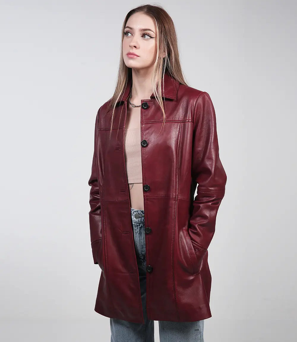 Women_s_maroon_leather_3_4_length_car_coat