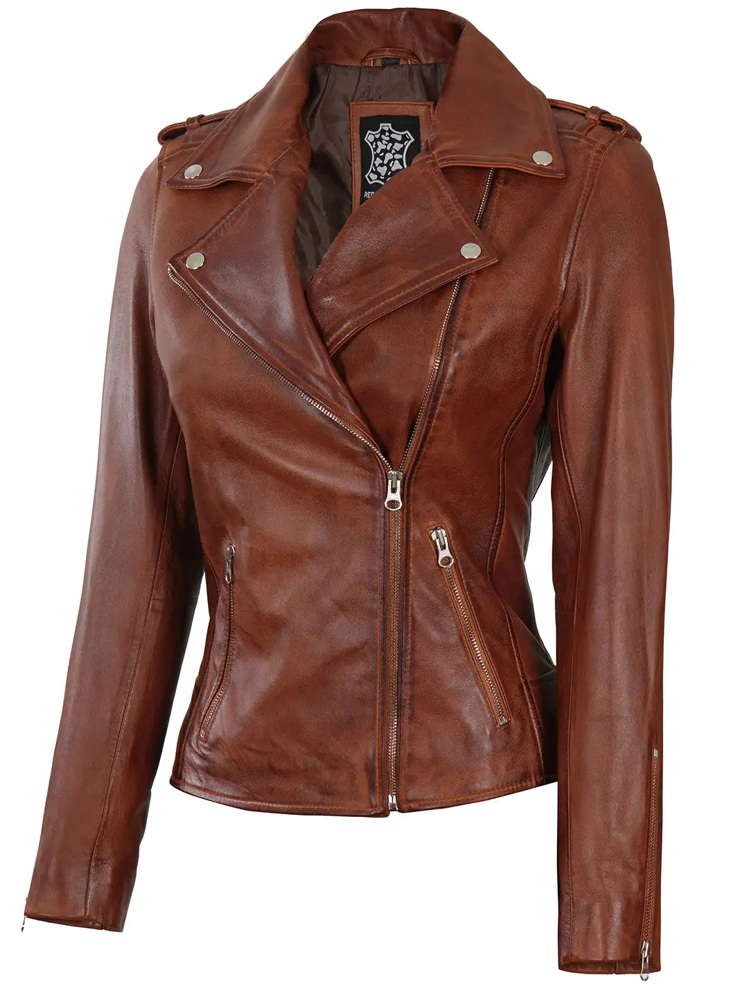 Womencognacbikerleatherjacket