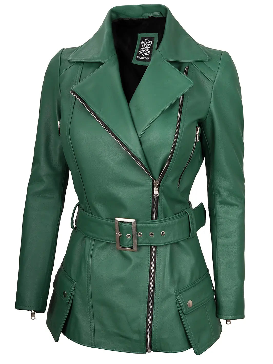 Womengreenbikerleatherjacket