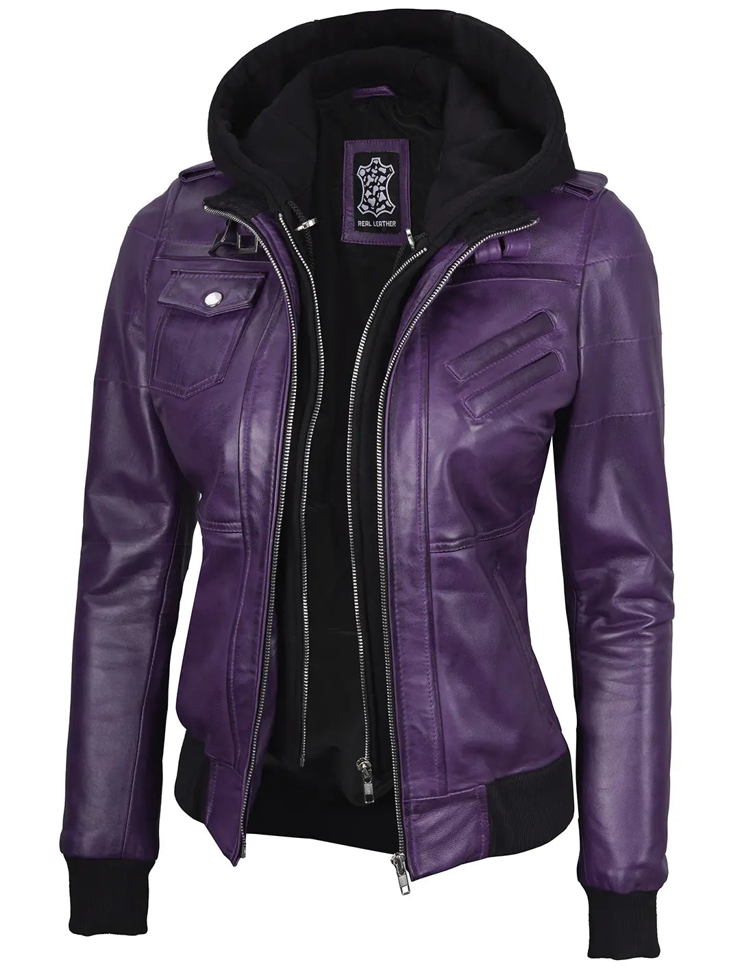 Womenpurplehoodedleatherjacket