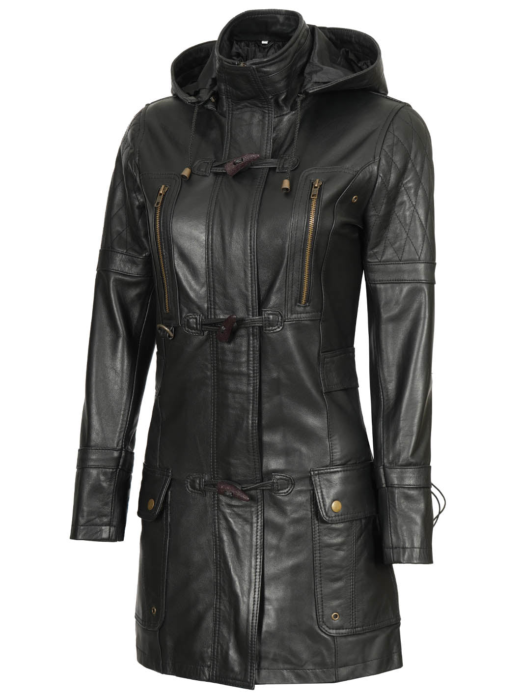 WomensBlackHoodLeatherCoat