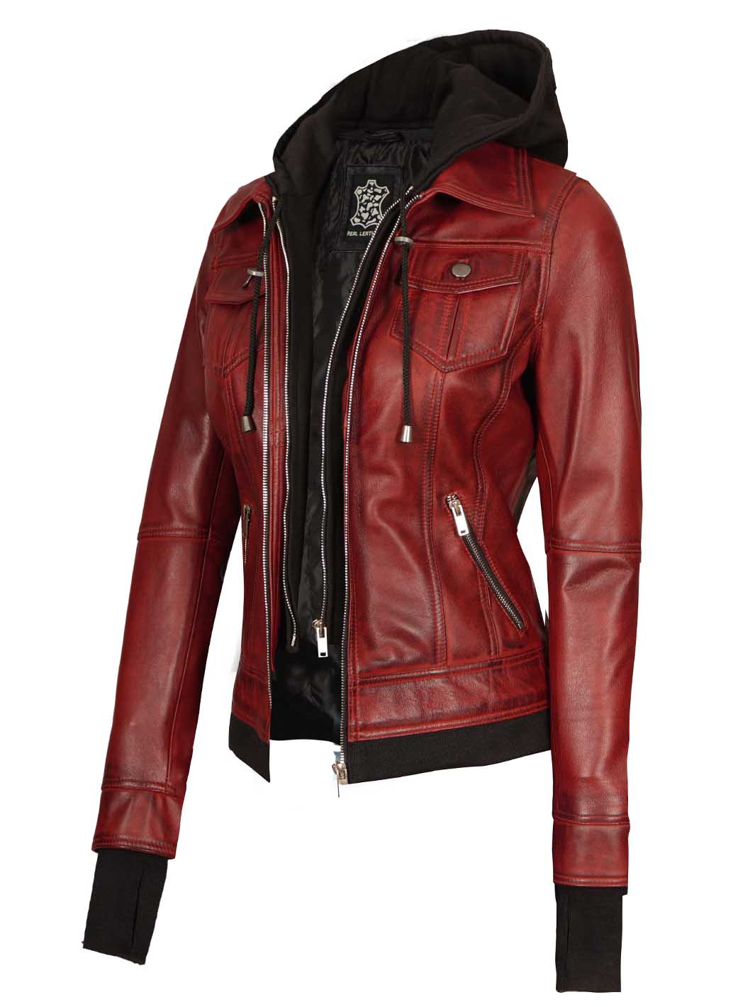 WomensMaroonBikerRealLambskinCafeRacerLeatherJacket