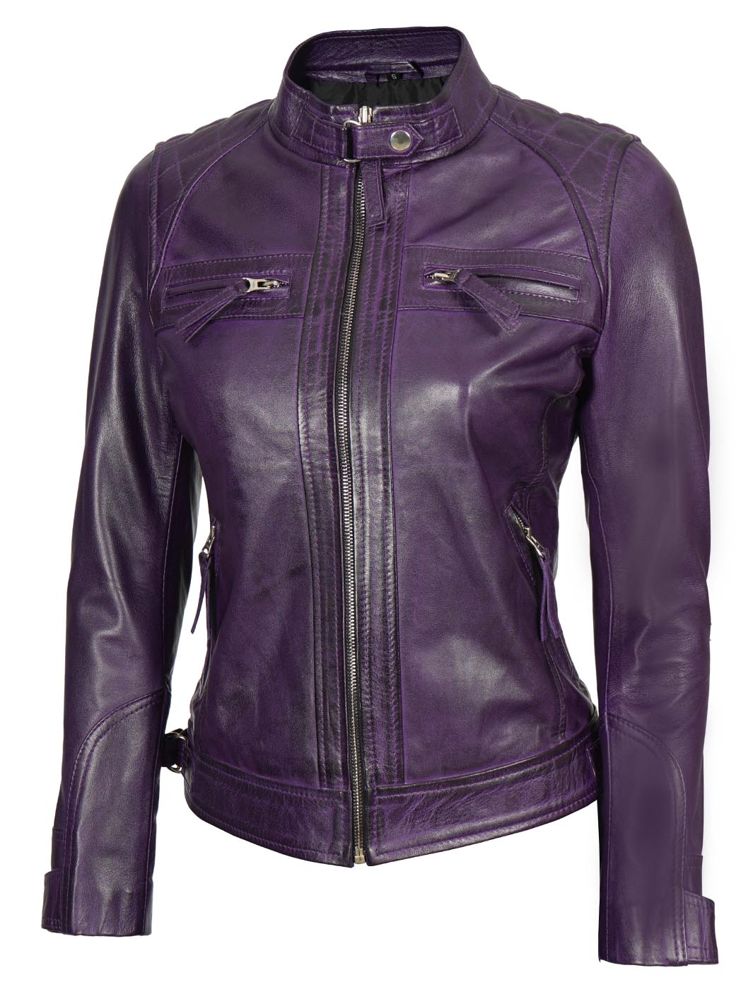 WomensPurpleQuiltedbikerLeatherJacket