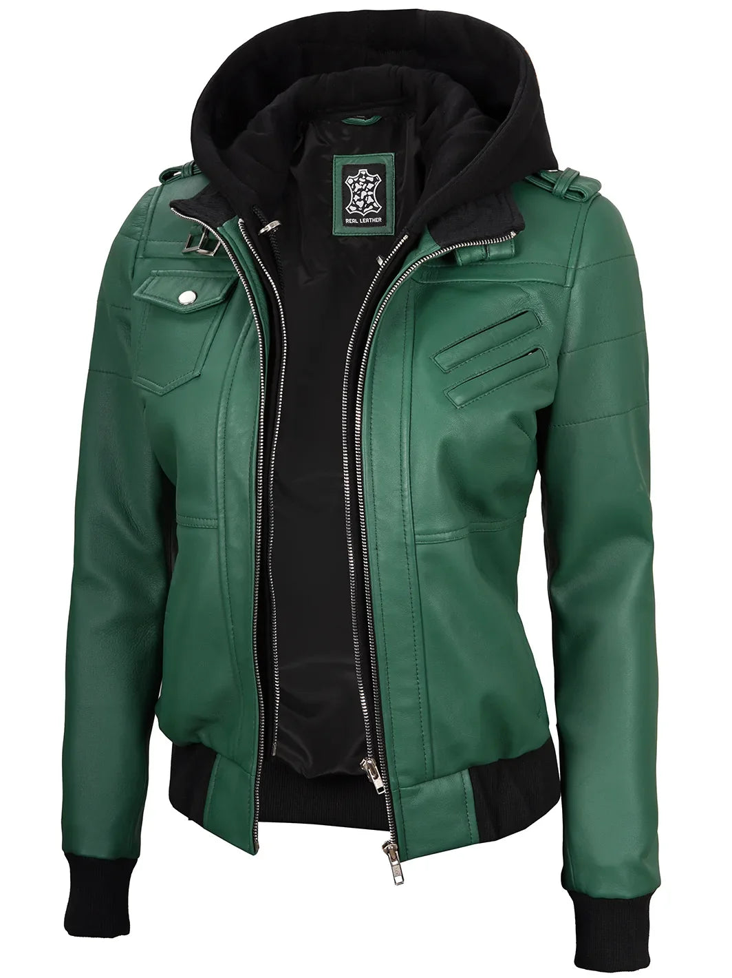 Womensbomberhoodedleatherjacket